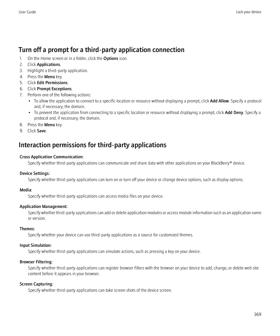 Blackberry 8980 manual Turn off a prompt for a third-party application connection 