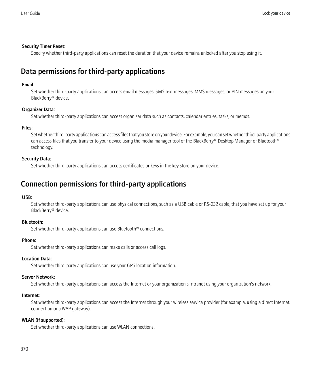 Blackberry 8980 manual Data permissions for third-party applications, Connection permissions for third-party applications 