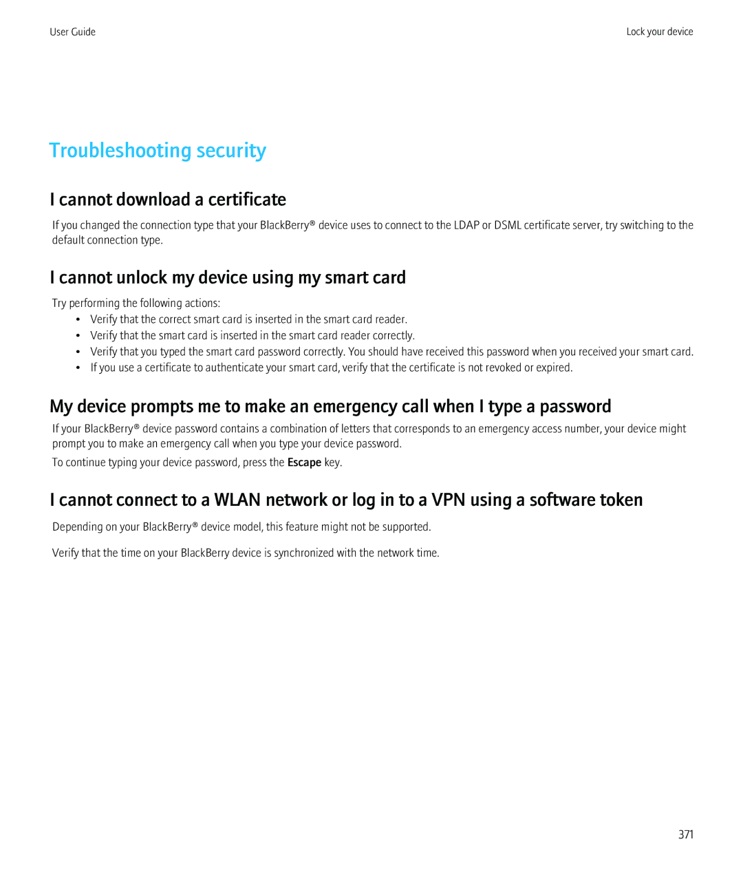 Blackberry 8980 manual Troubleshooting security, Cannot download a certificate, Cannot unlock my device using my smart card 