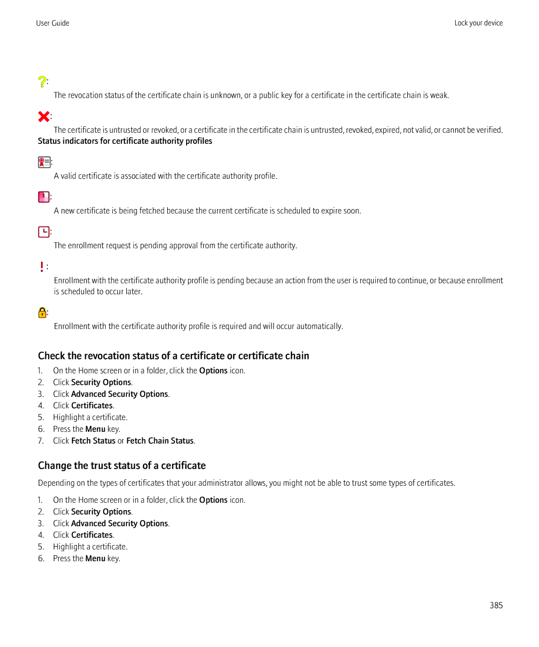 Blackberry 8980 manual Change the trust status of a certificate 