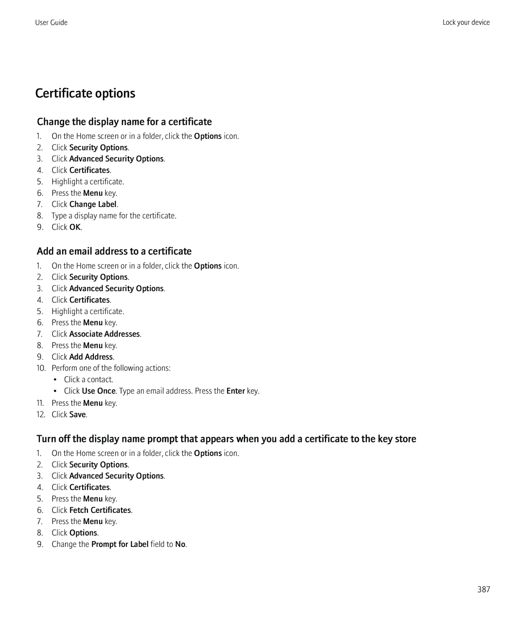 Blackberry 8980 manual Certificate options 