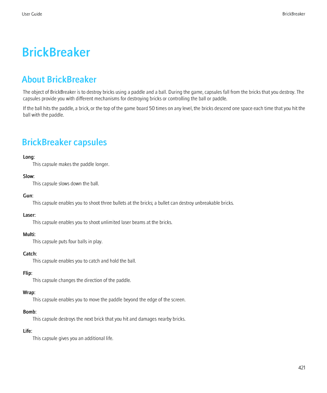 Blackberry 8980 manual About BrickBreaker, BrickBreaker capsules 