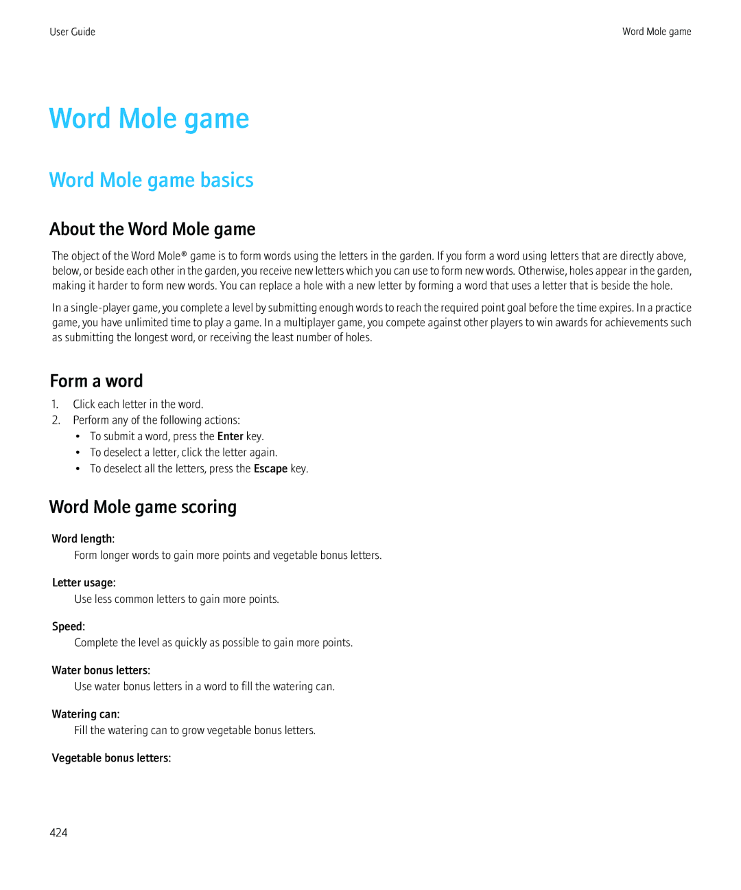 Blackberry 8980 manual Word Mole game basics, About the Word Mole game, Form a word, Word Mole game scoring 