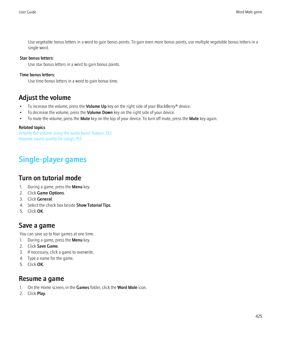 Blackberry 8980 manual Single-player games, Turn on tutorial mode, Save a game, Resume a game 