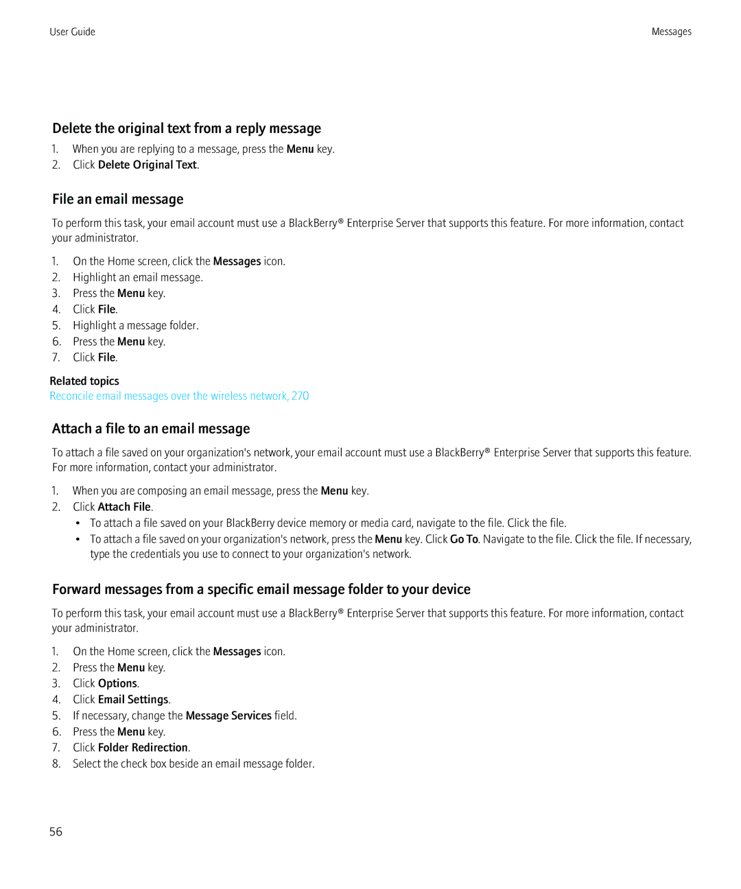 Blackberry 8980 Delete the original text from a reply message, File an email message, Attach a file to an email message 