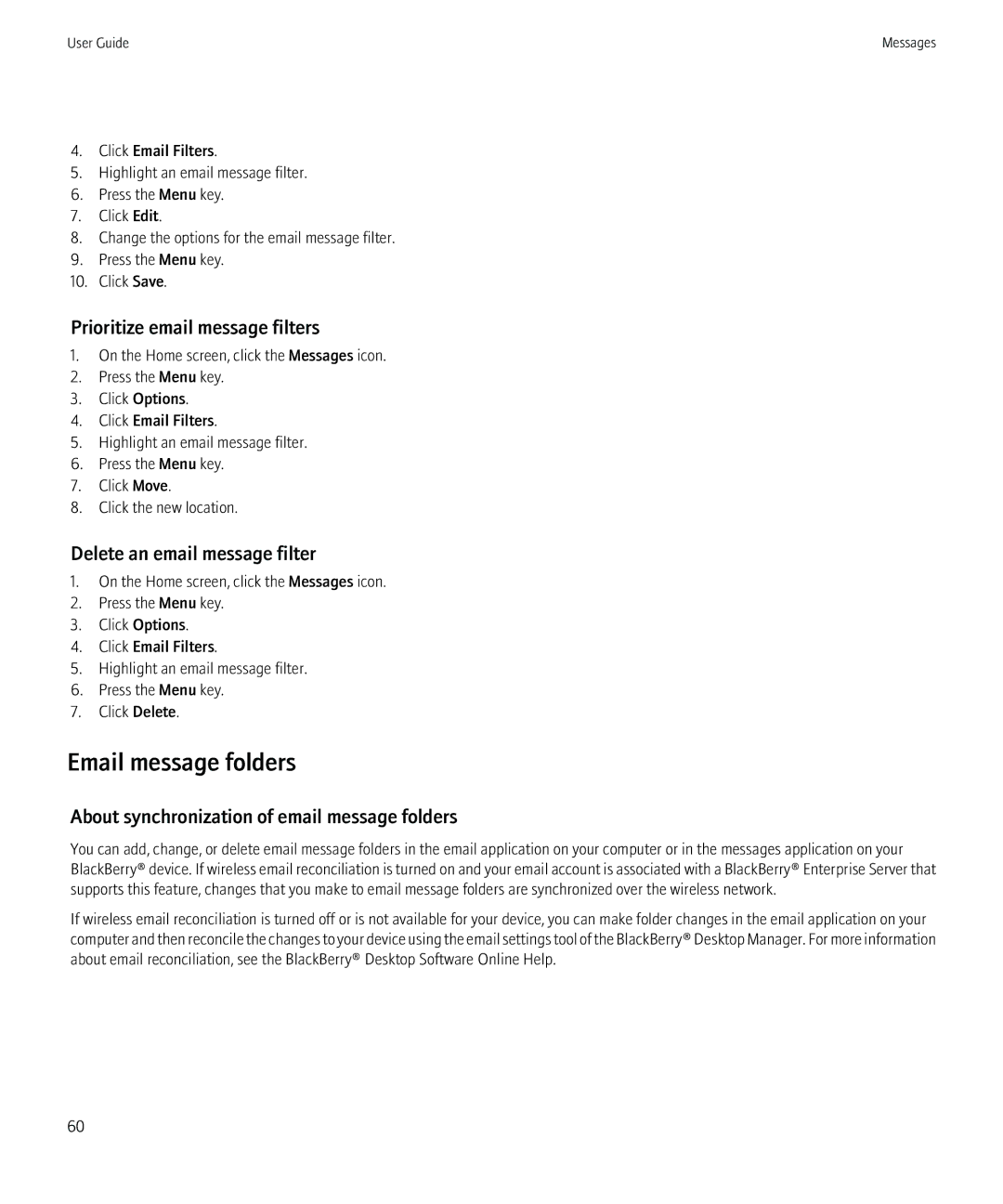 Blackberry 8980 manual Email message folders, Prioritize email message filters, Delete an email message filter 