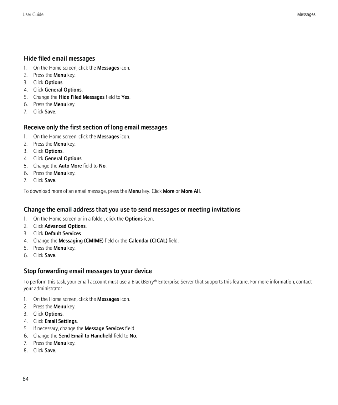 Blackberry 8980 manual Hide filed email messages, Receive only the first section of long email messages 