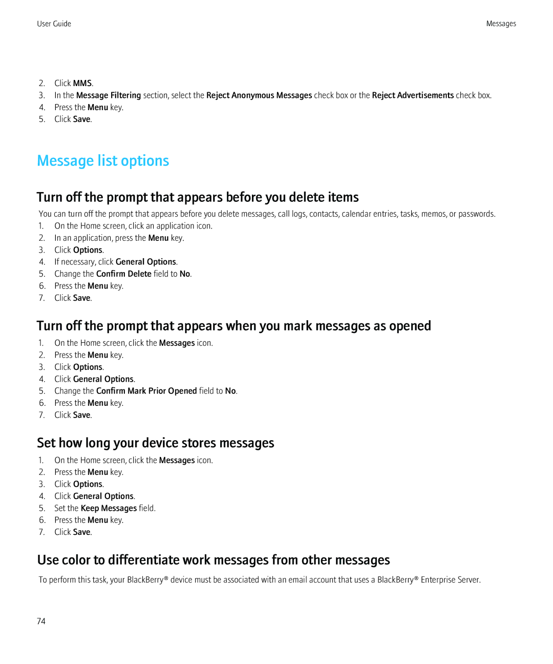 Blackberry 8980 manual Message list options, Set how long your device stores messages 