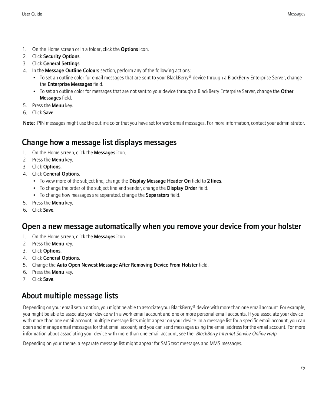 Blackberry 8980 manual Change how a message list displays messages, About multiple message lists 