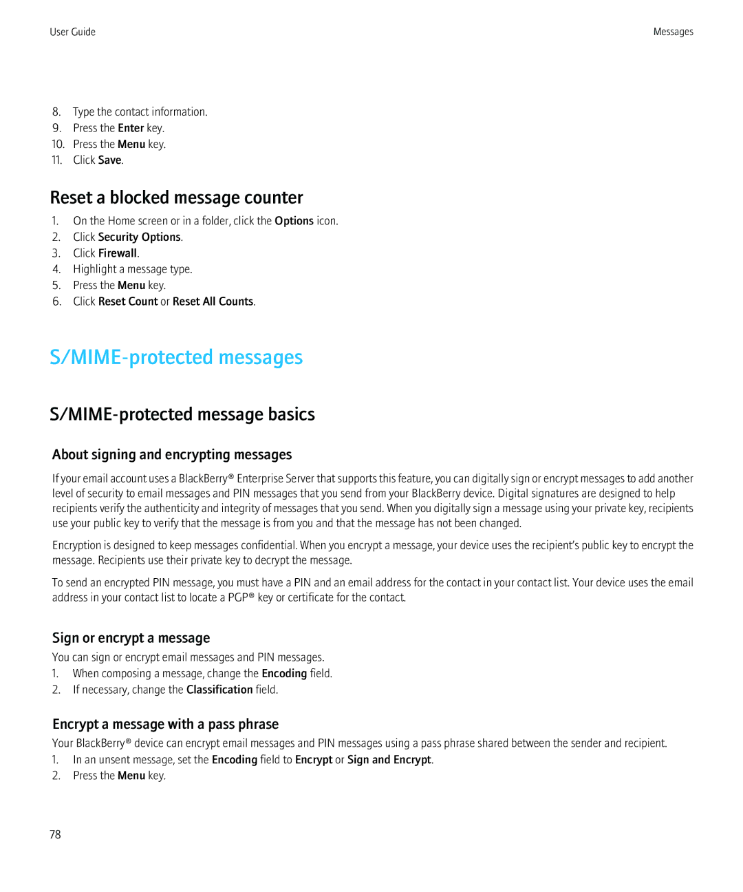 Blackberry 8980 manual MIME-protected messages, Reset a blocked message counter, MIME-protected message basics 