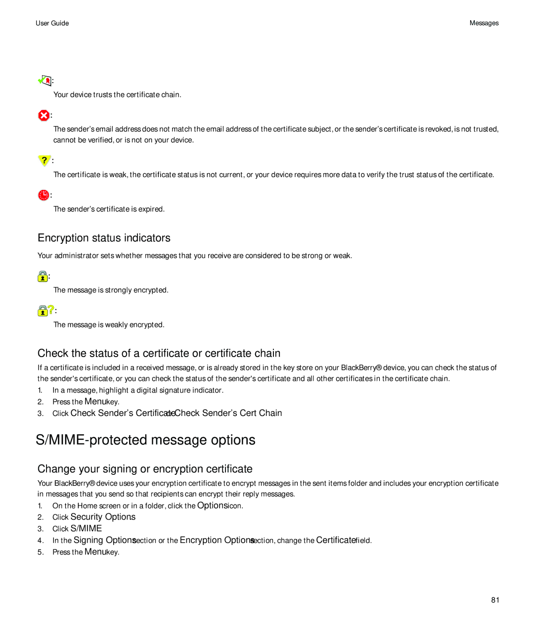 Blackberry 8980 manual MIME-protected message options, Encryption status indicators 