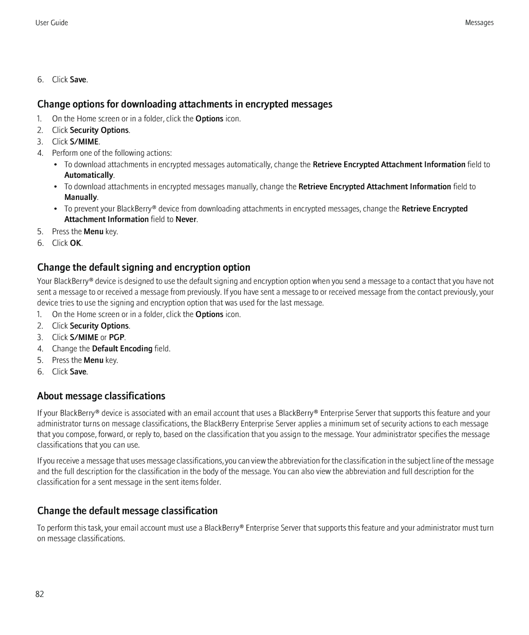 Blackberry 8980 manual Change the default signing and encryption option, About message classifications 