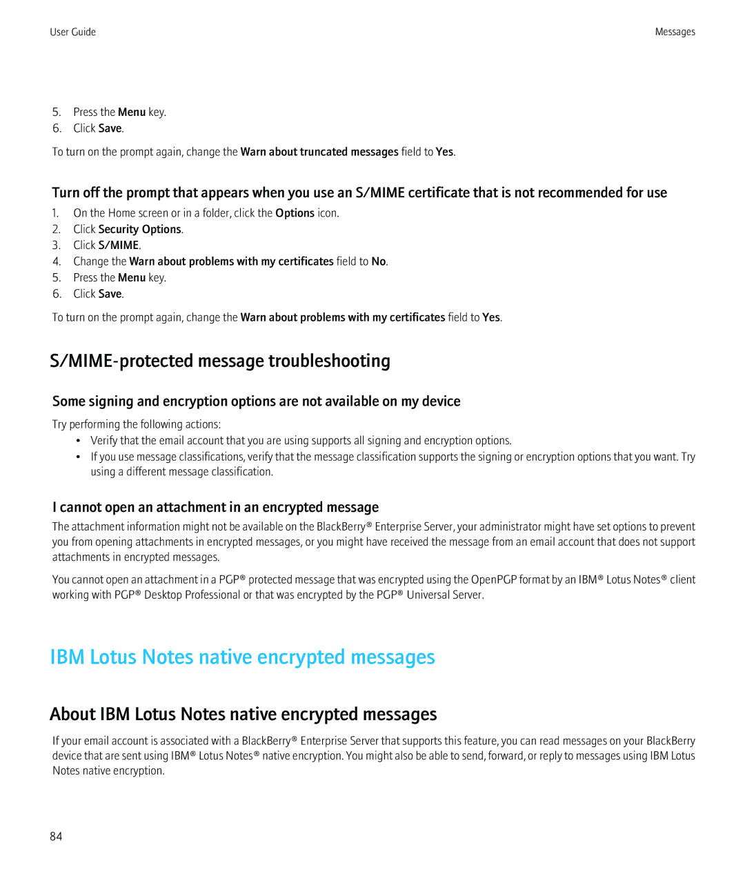 Blackberry 8980 manual IBM Lotus Notes native encrypted messages, MIME-protected message troubleshooting 