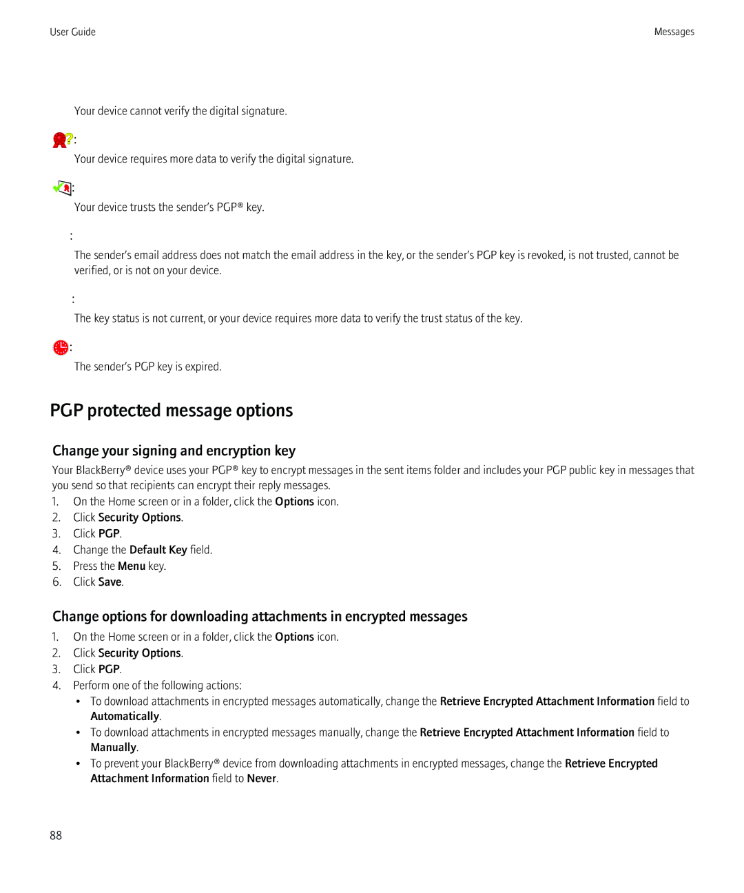 Blackberry 8980 manual PGP protected message options, Change your signing and encryption key 