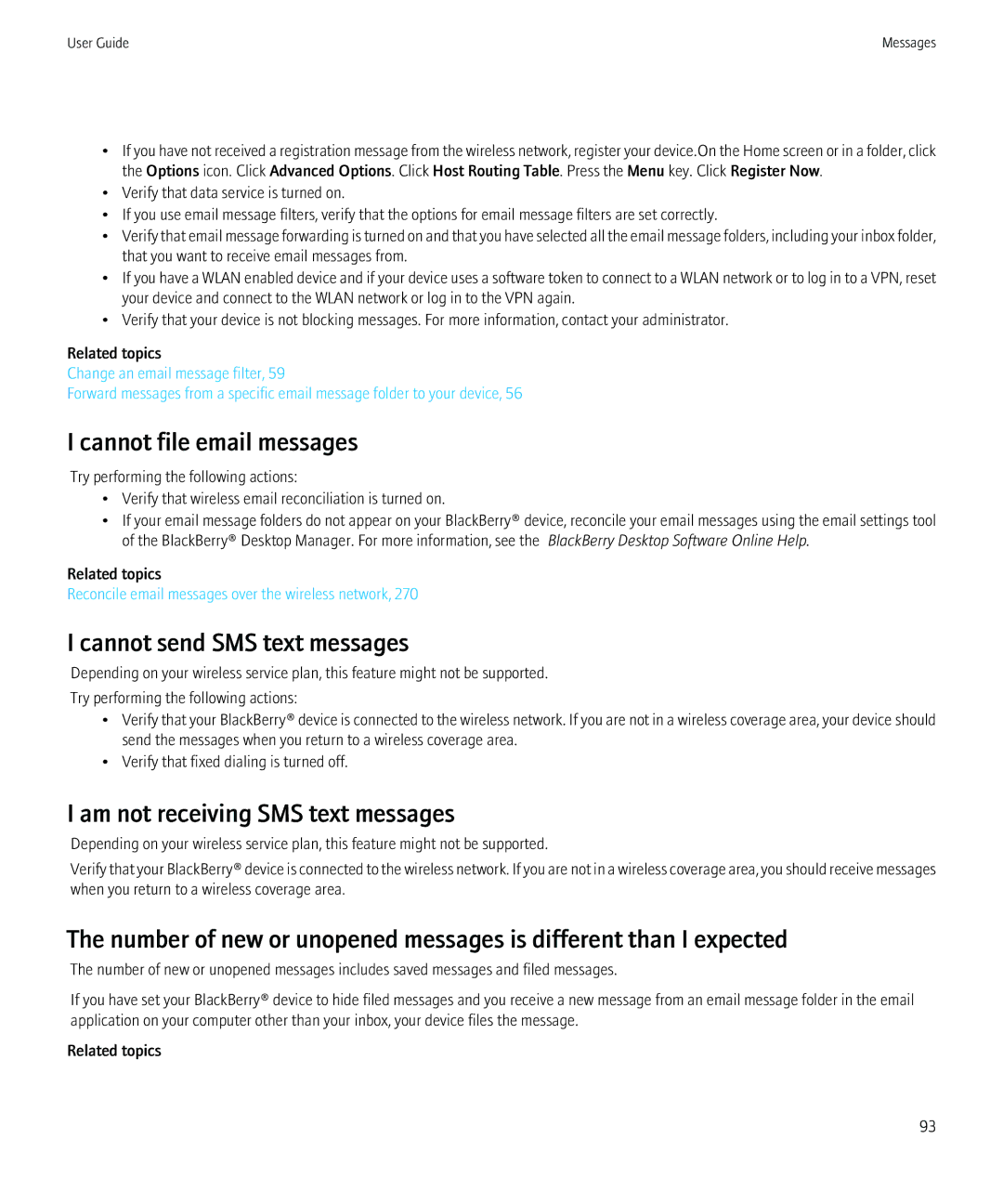 Blackberry 8980 manual Cannot file email messages, Am not receiving SMS text messages 