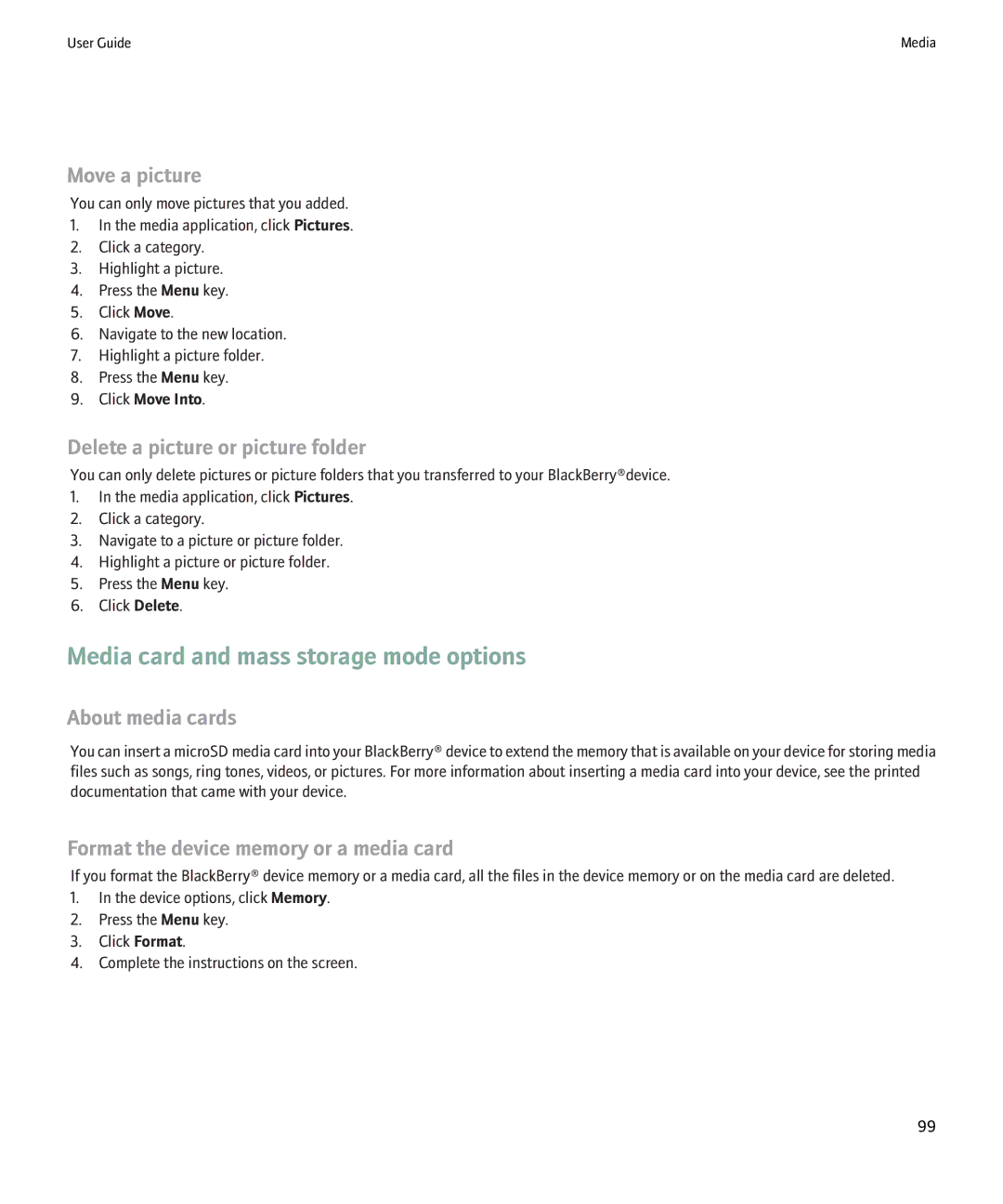 Blackberry 9000 manual Media card and mass storage mode options, Move a picture, Delete a picture or picture folder 