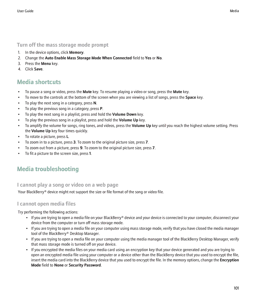Blackberry 9000 manual Media troubleshooting, Turn off the mass storage mode prompt, Cannot play a song or video on a web 