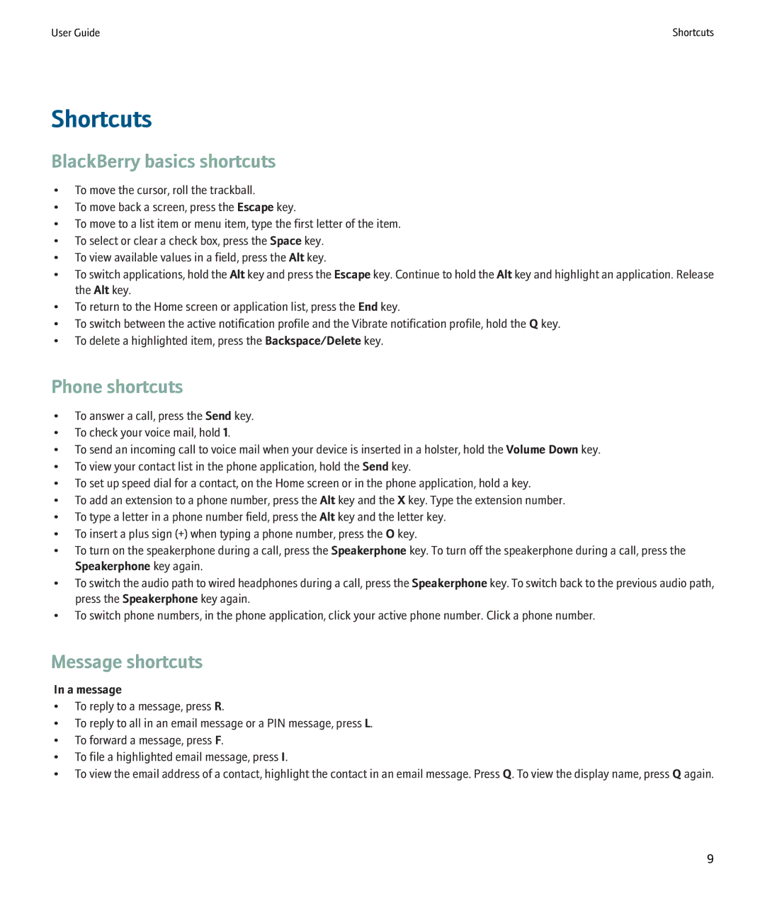 Blackberry 9000 manual Shortcuts, BlackBerry basics shortcuts, Phone shortcuts, Message shortcuts, A message 