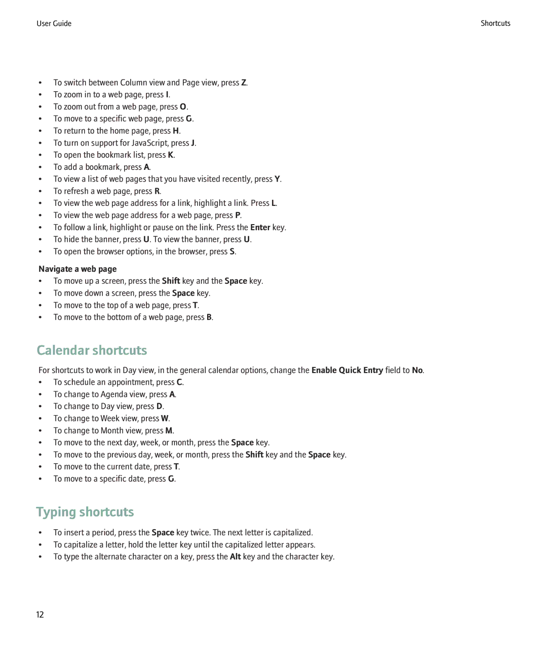 Blackberry 9000 manual Calendar shortcuts, Typing shortcuts, Navigate a web 