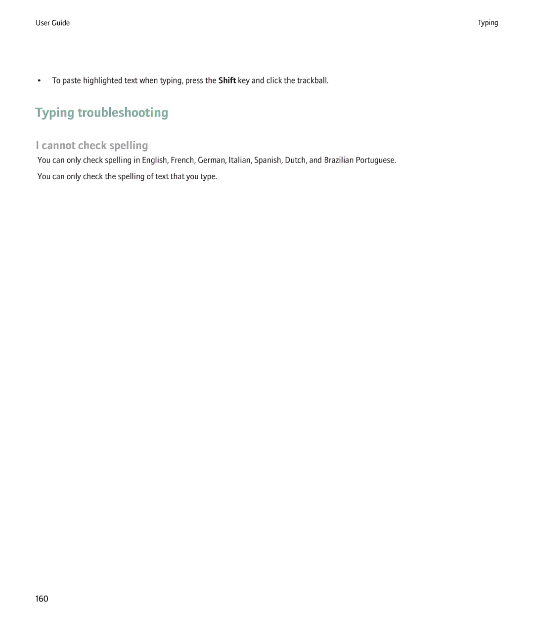Blackberry 9000 manual Typing troubleshooting, Cannot check spelling 