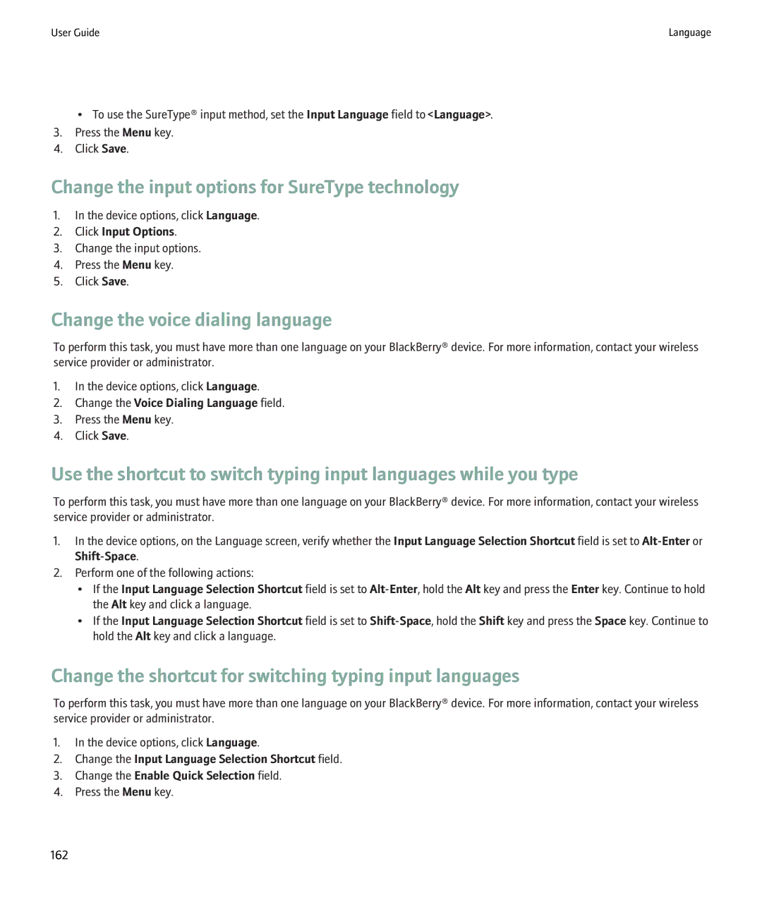 Blackberry 9000 manual Change the input options for SureType technology, Change the voice dialing language 