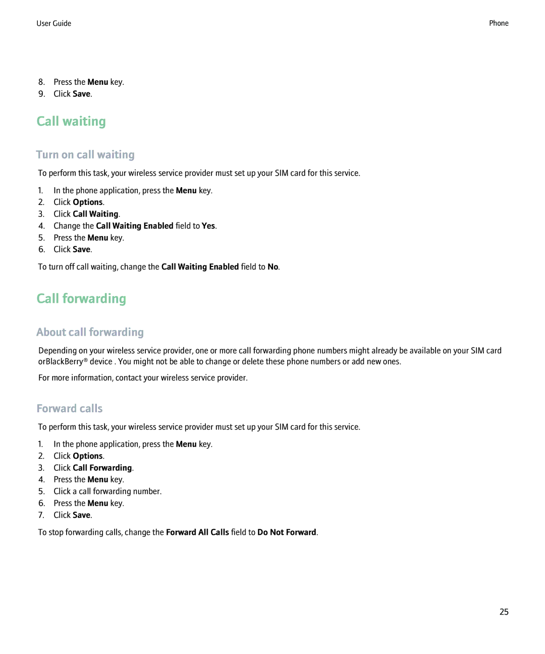 Blackberry 9000 manual Call waiting, Call forwarding, Turn on call waiting, About call forwarding, Forward calls 