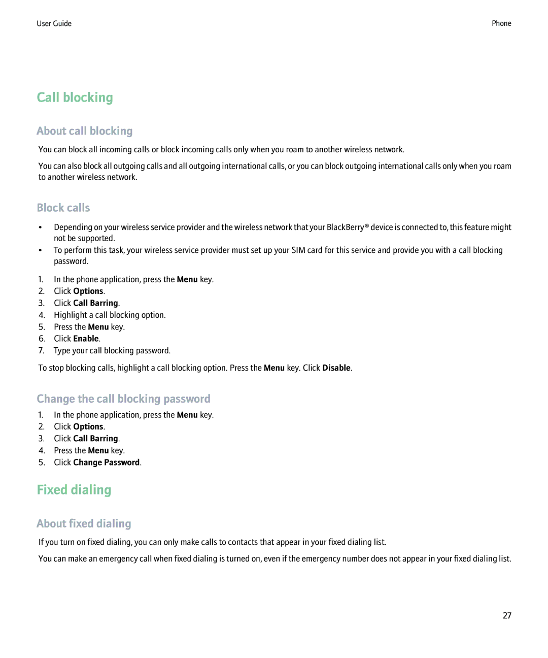 Blackberry 9000 manual Call blocking, Fixed dialing 