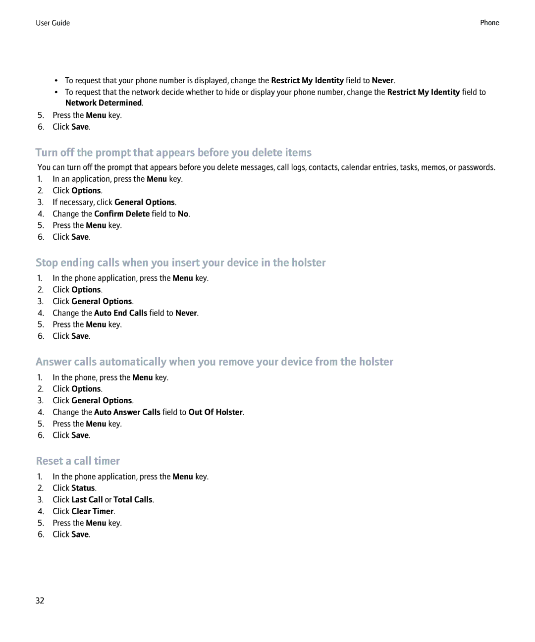 Blackberry 9000 manual Turn off the prompt that appears before you delete items, Reset a call timer 