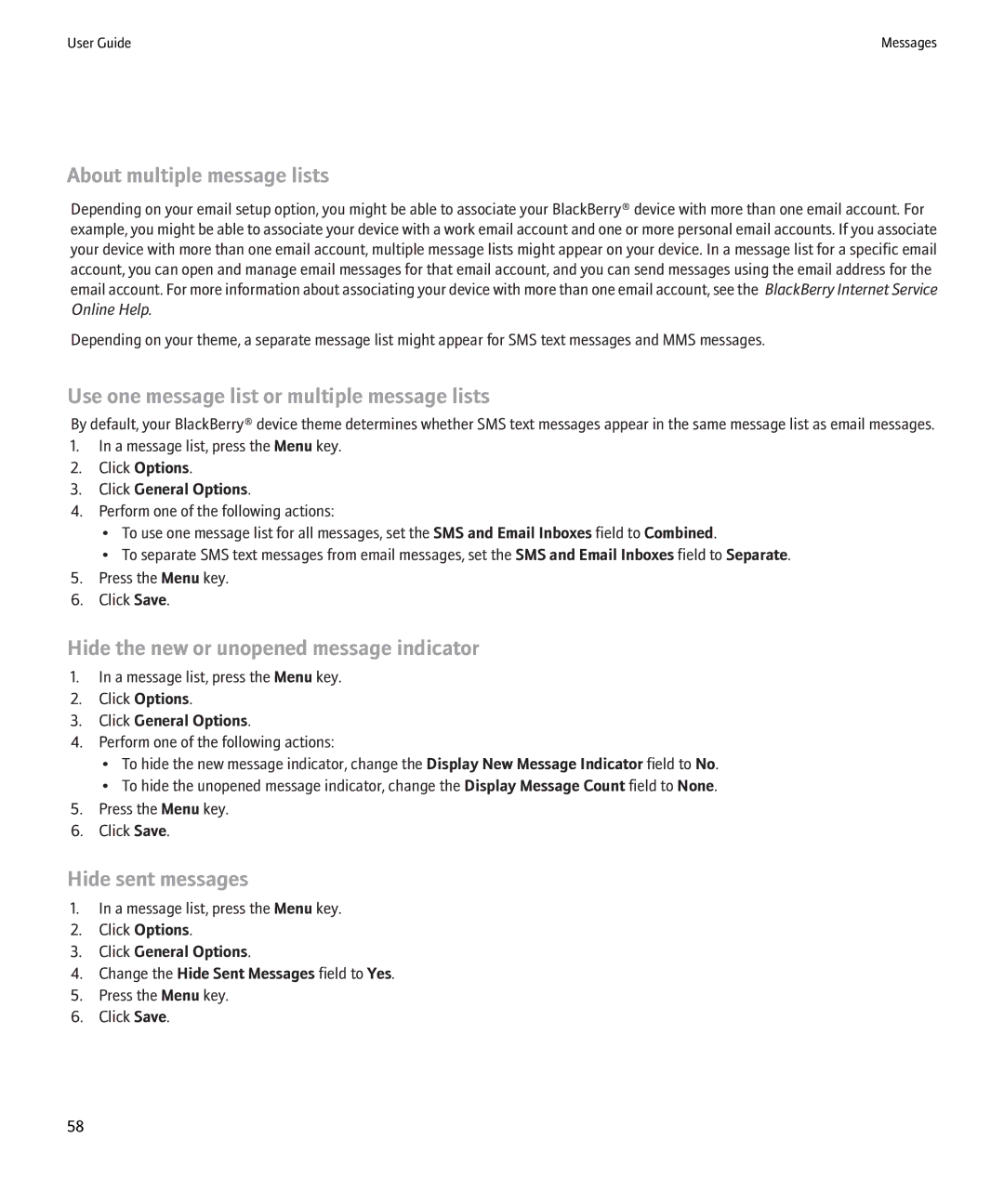 Blackberry 9000 manual About multiple message lists, Use one message list or multiple message lists, Hide sent messages 