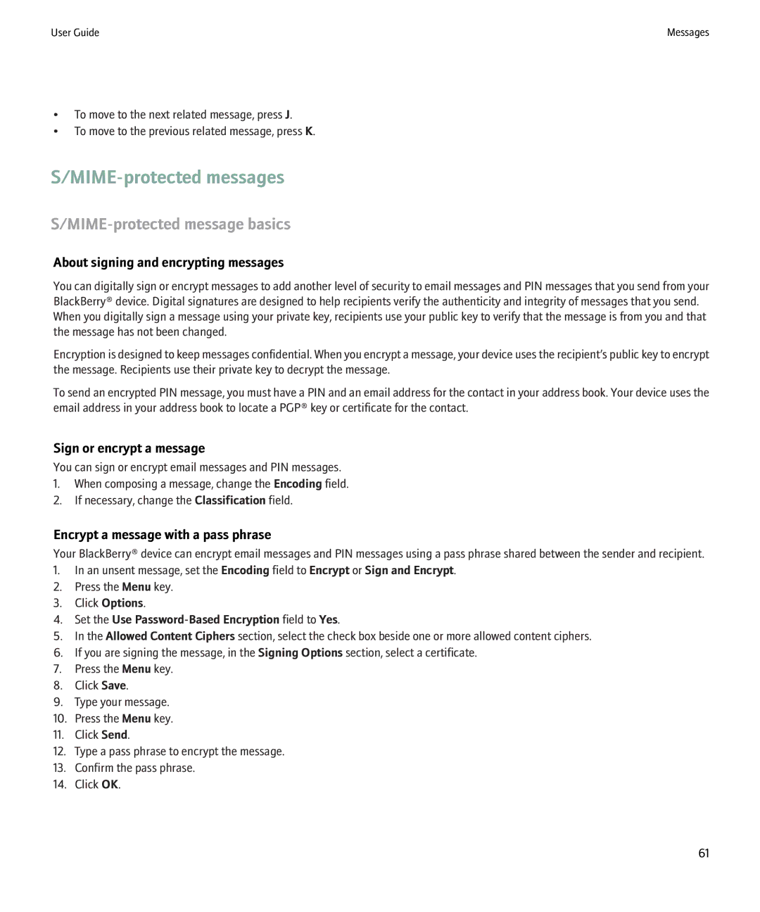 Blackberry 9000 manual MIME-protected messages, MIME-protected message basics, About signing and encrypting messages 