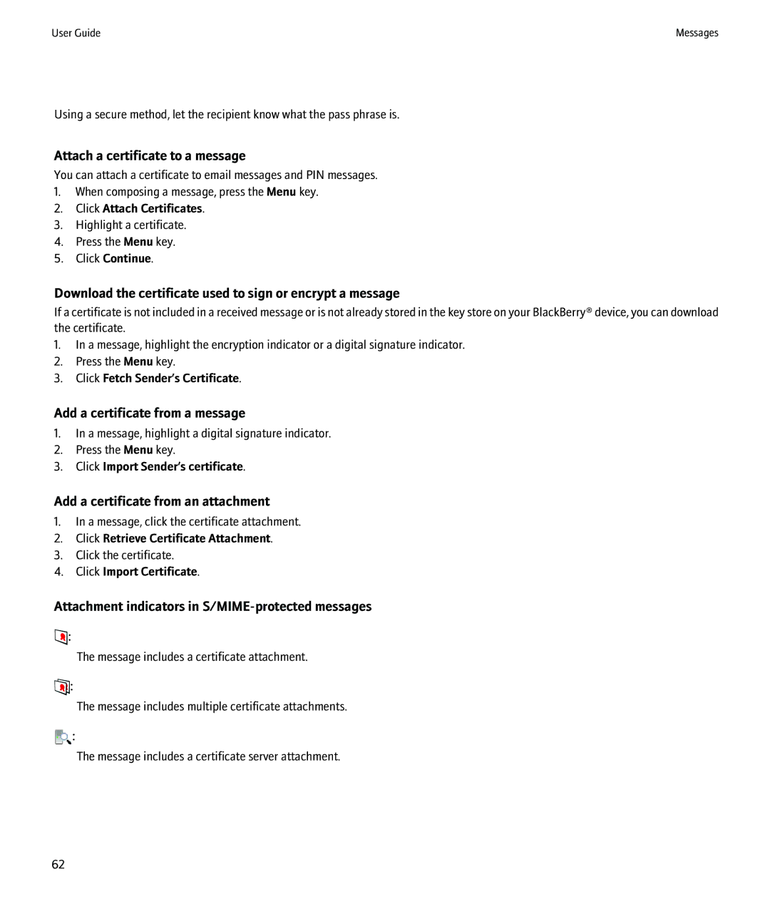 Blackberry 9000 manual Attach a certificate to a message, Download the certificate used to sign or encrypt a message 