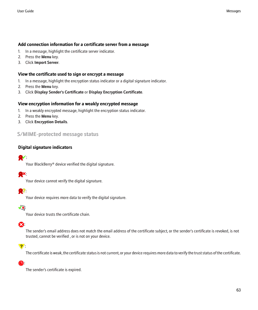 Blackberry 9000 manual MIME-protected message status, View the certificate used to sign or encrypt a message 