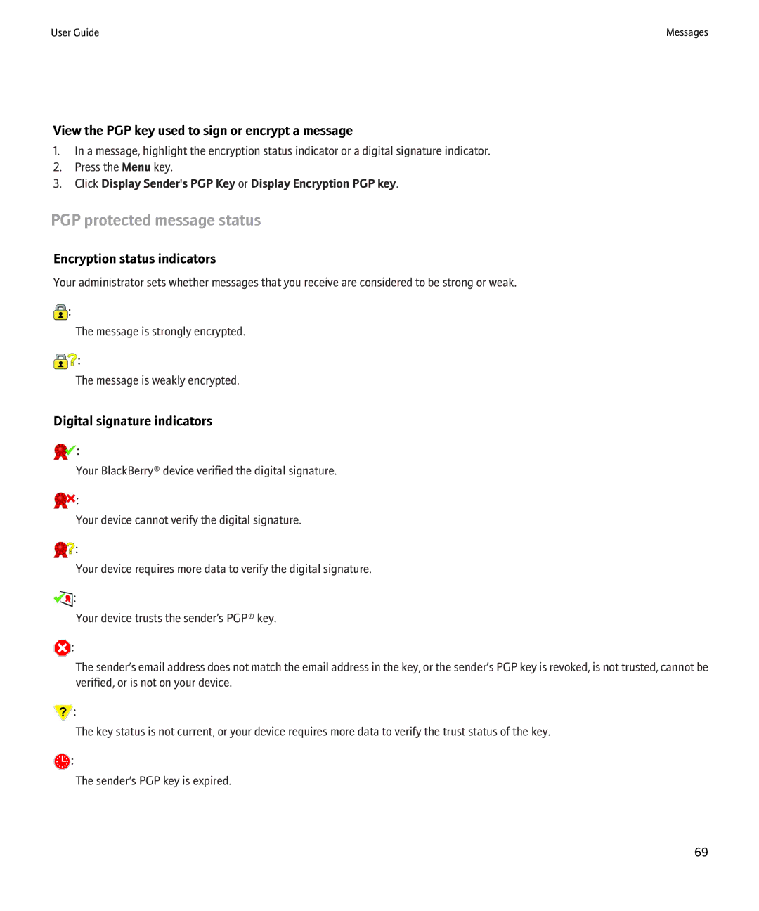 Blackberry 9000 manual PGP protected message status, View the PGP key used to sign or encrypt a message 