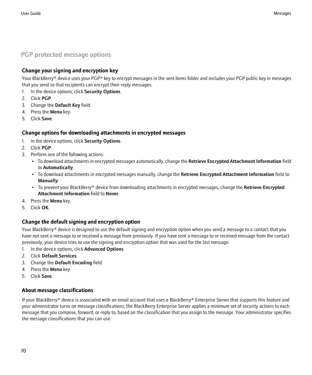 Blackberry 9000 manual PGP protected message options, Change your signing and encryption key 