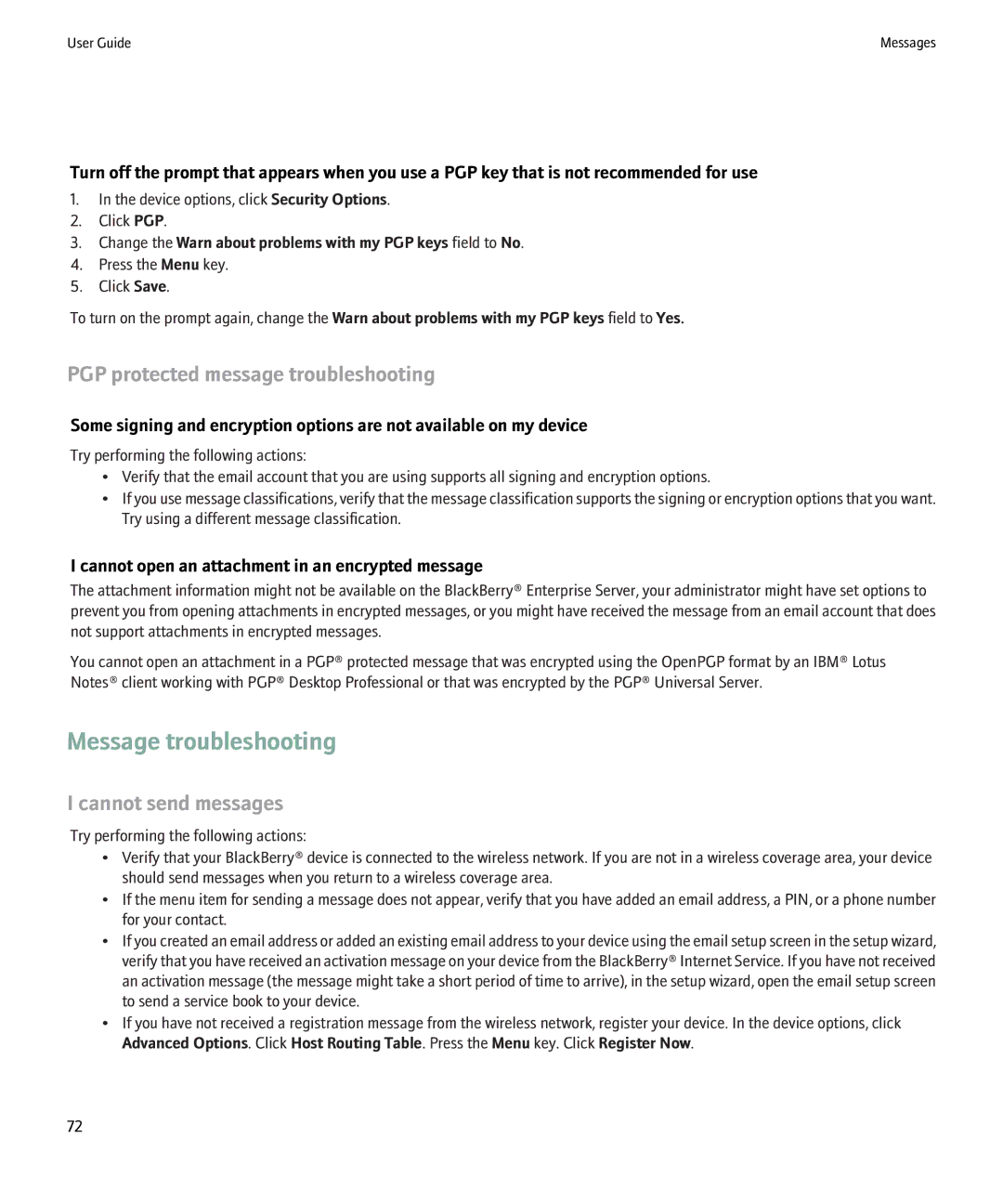 Blackberry 9000 manual Message troubleshooting, PGP protected message troubleshooting, Cannot send messages 