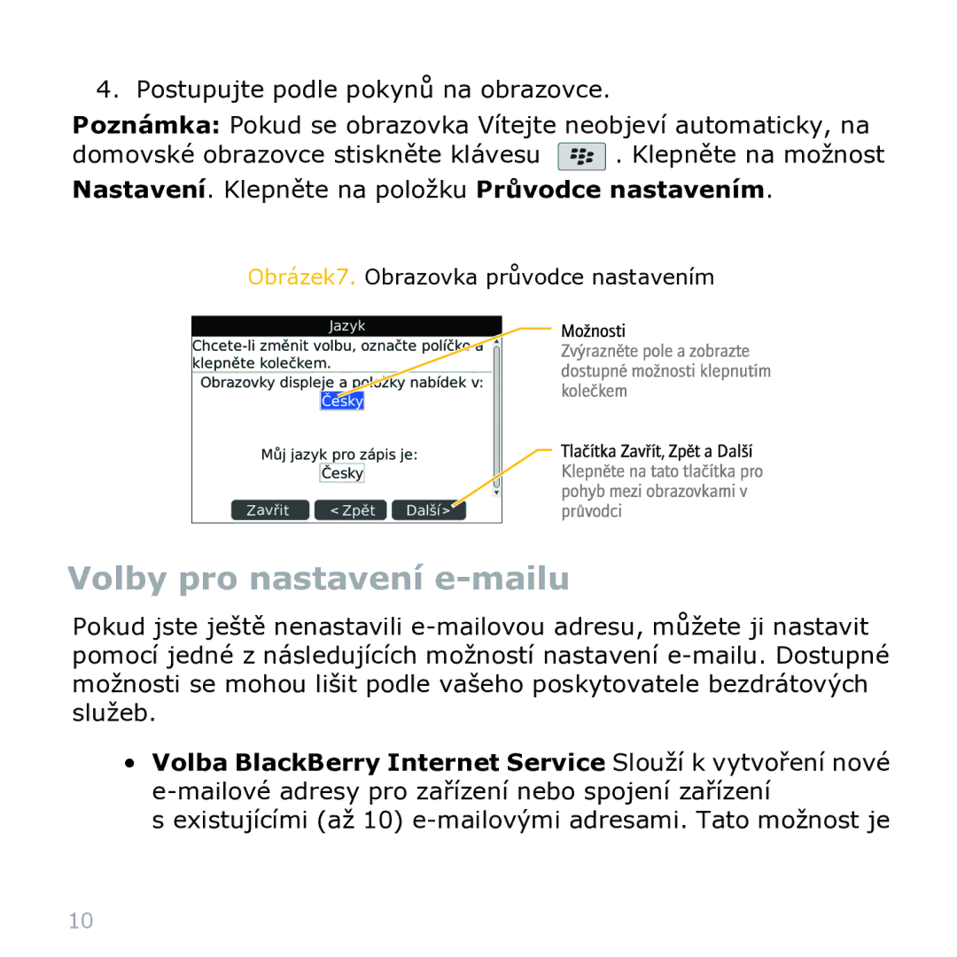 Blackberry 9000 manual Volby pro nastavení e-mailu 