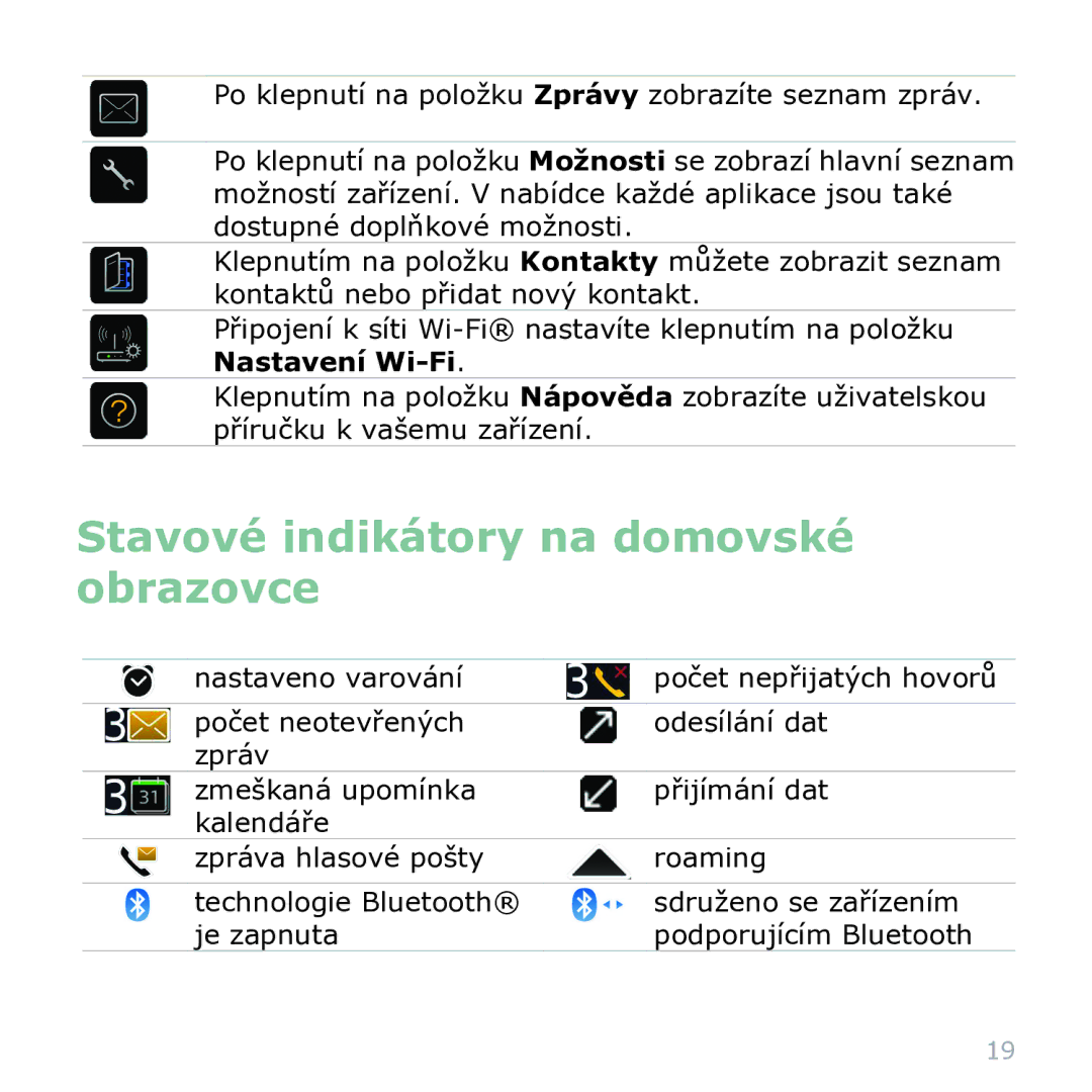 Blackberry 9000 manual Stavové indikátory na domovské obrazovce 