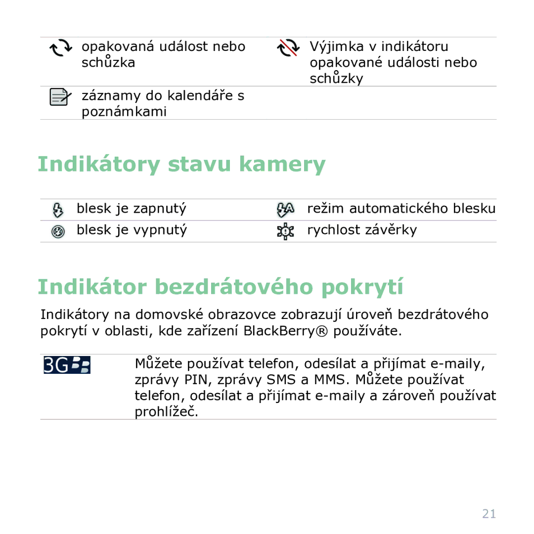 Blackberry 9000 manual Indikátory stavu kamery, Indikátor bezdrátového pokrytí 