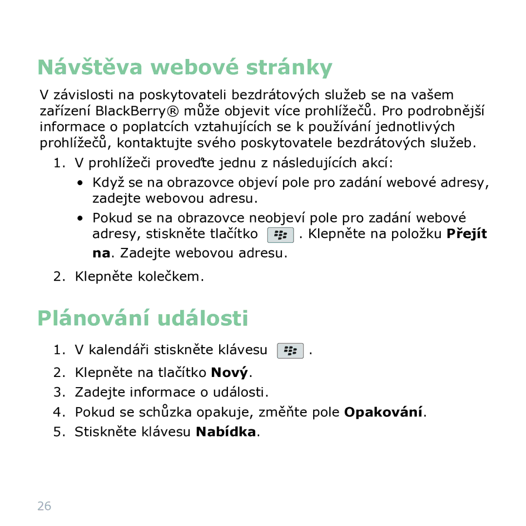 Blackberry 9000 manual Návštěva webové stránky, Plánování události 