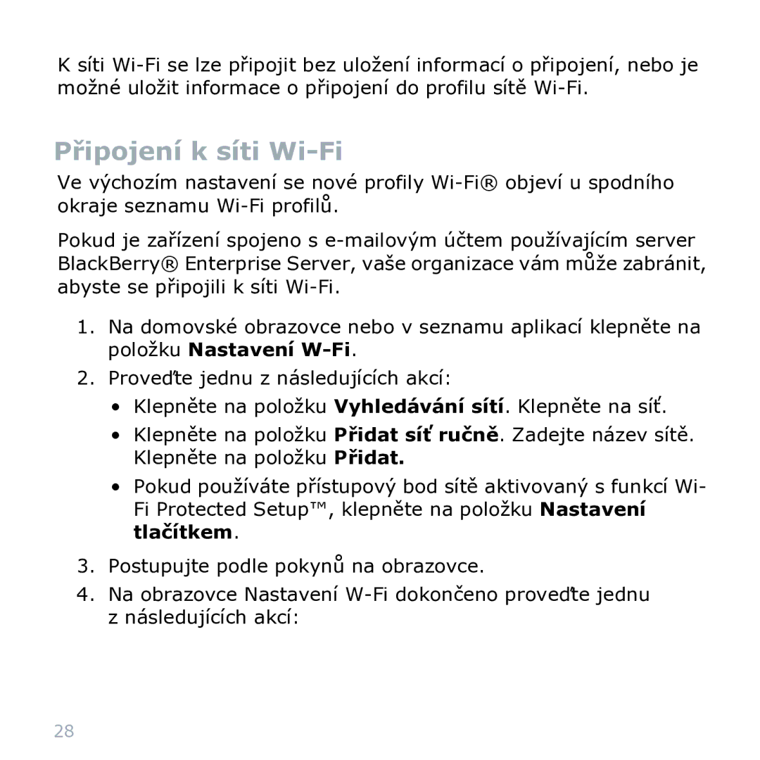 Blackberry 9000 manual Připojení k síti Wi-Fi 