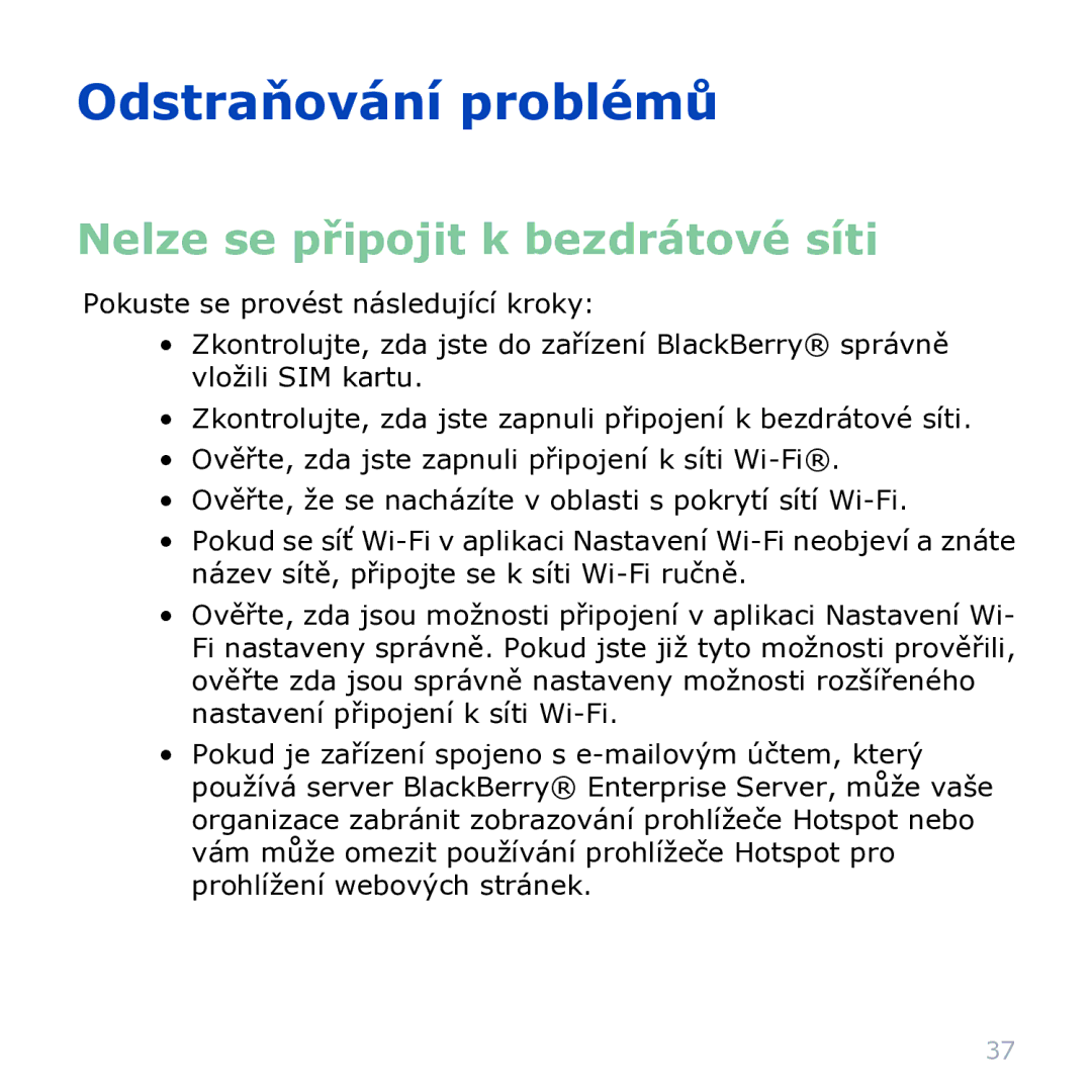 Blackberry 9000 manual Odstraňování problémů, Nelze se připojit k bezdrátové síti 