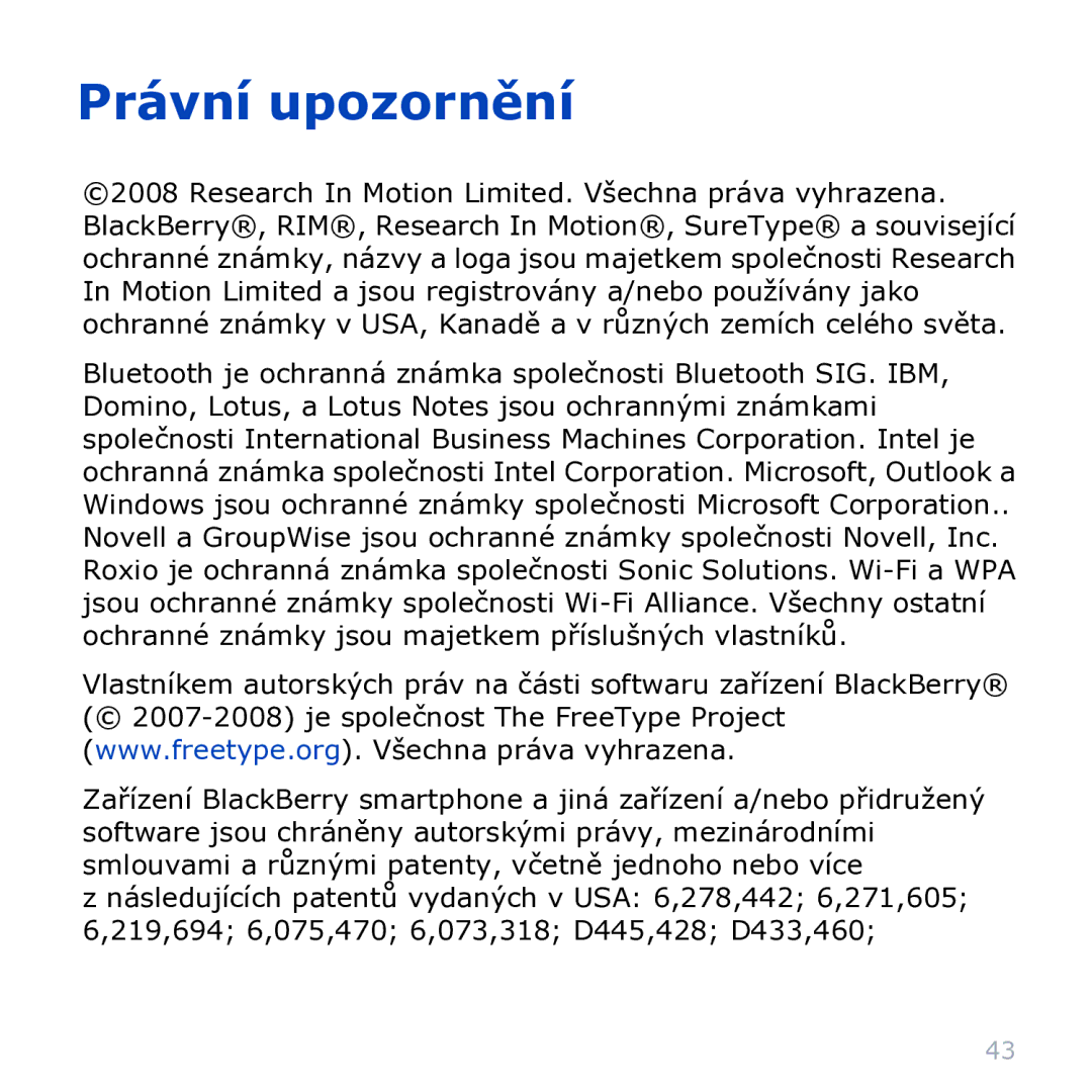 Blackberry 9000 manual Právní upozornění 