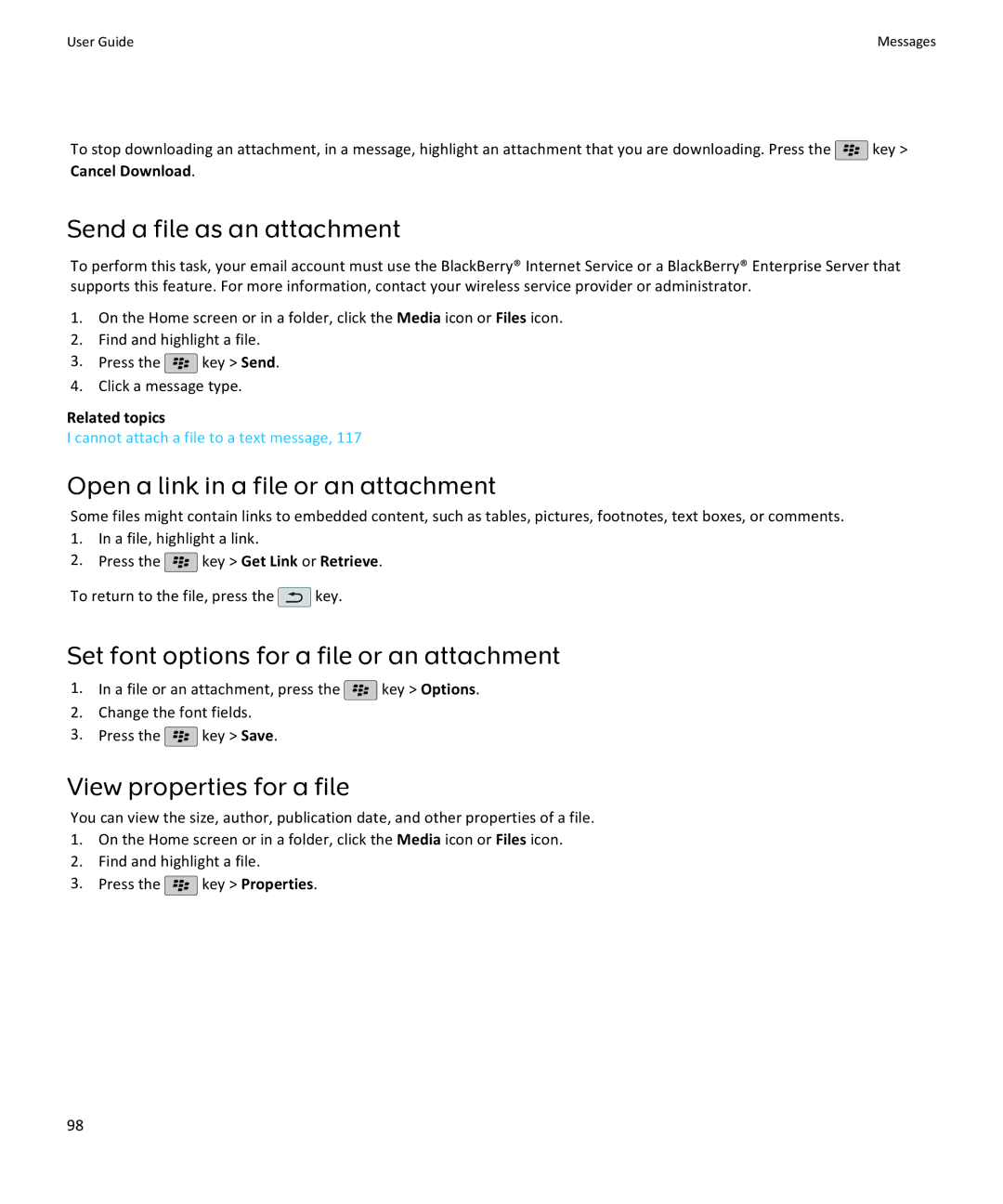 Blackberry 9105, 9100 Send a file as an attachment, Open a link in a file or an attachment, View properties for a file 