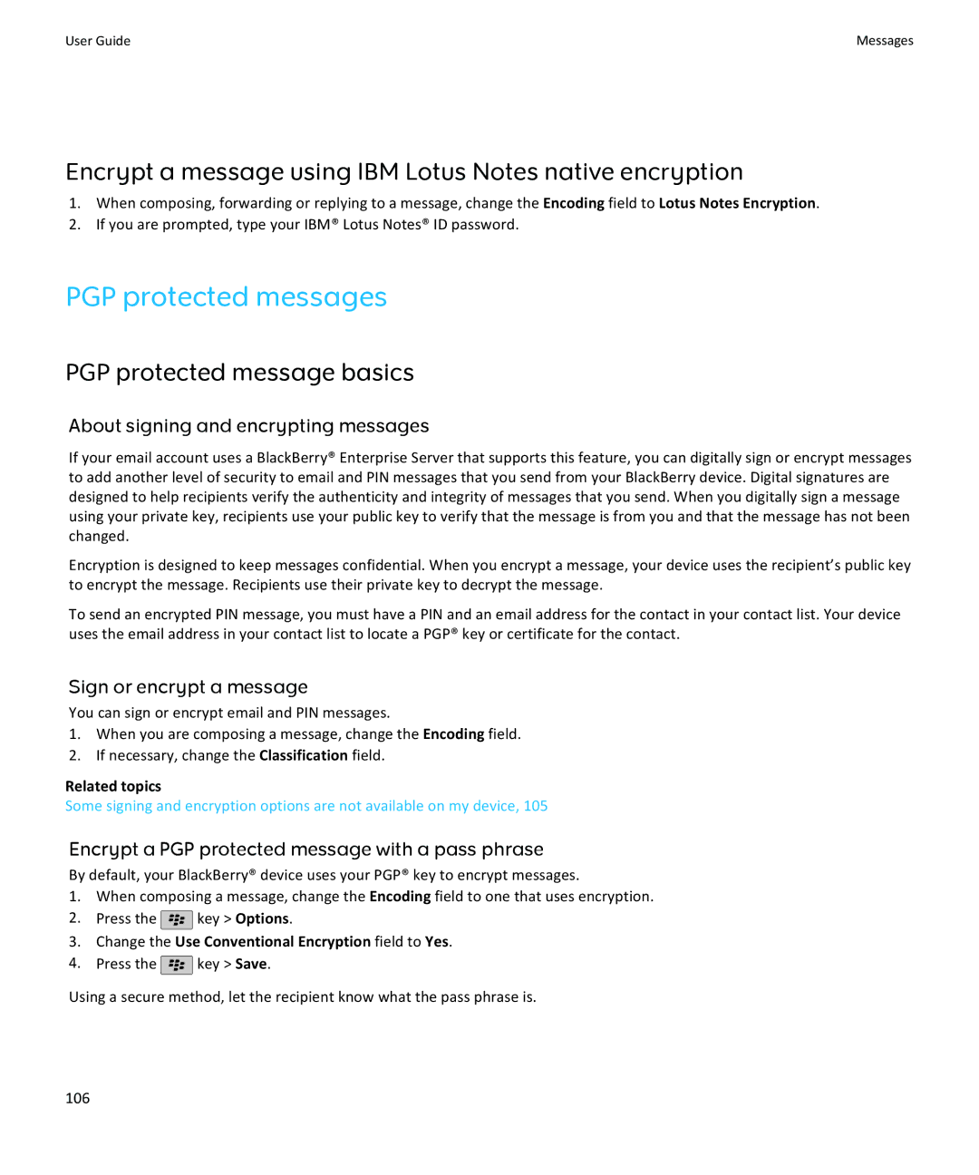 Blackberry 9105, 9100 manual PGP protected messages, Encrypt a message using IBM Lotus Notes native encryption 