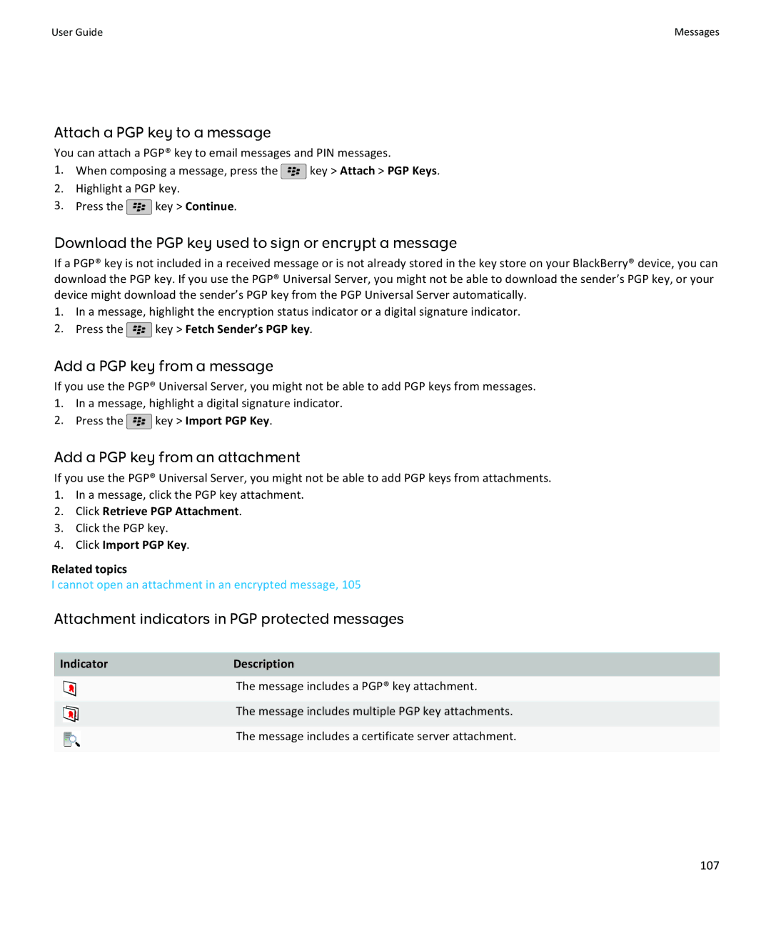 Blackberry 9100, 9105 manual Attach a PGP key to a message, Download the PGP key used to sign or encrypt a message 