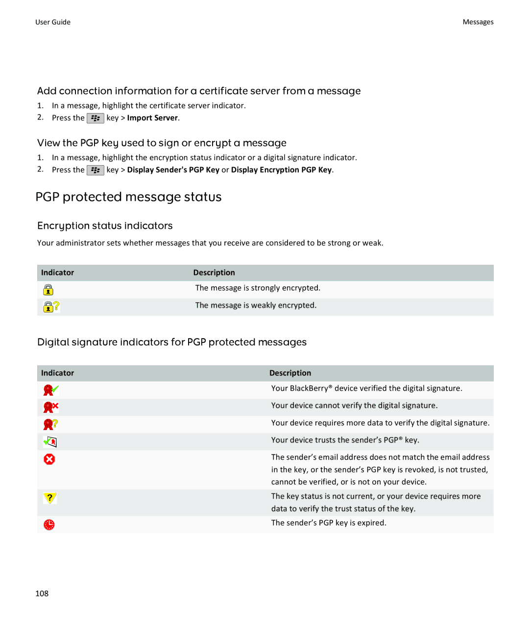 Blackberry 9105, 9100 manual PGP protected message status, View the PGP key used to sign or encrypt a message 