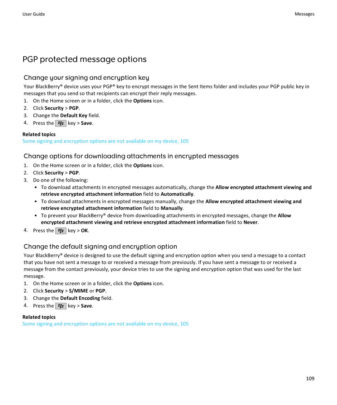 Blackberry 9100, 9105 manual PGP protected message options, Change your signing and encryption key, Click Security PGP, 109 