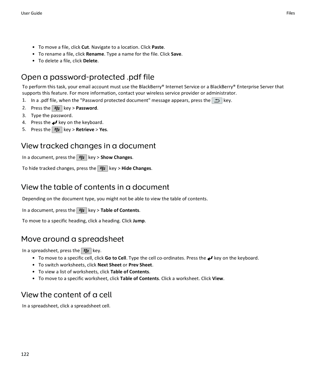 Blackberry 9105 View tracked changes in a document, View the table of contents in a document, Move around a spreadsheet 