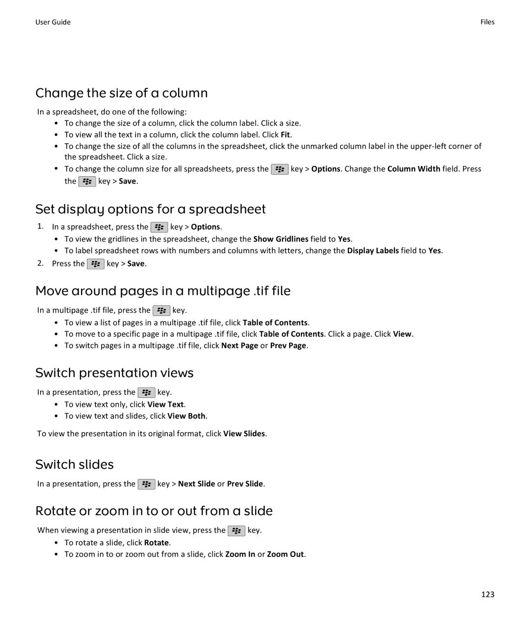 Blackberry 9100, 9105 manual Change the size of a column, Set display options for a spreadsheet, Switch presentation views 