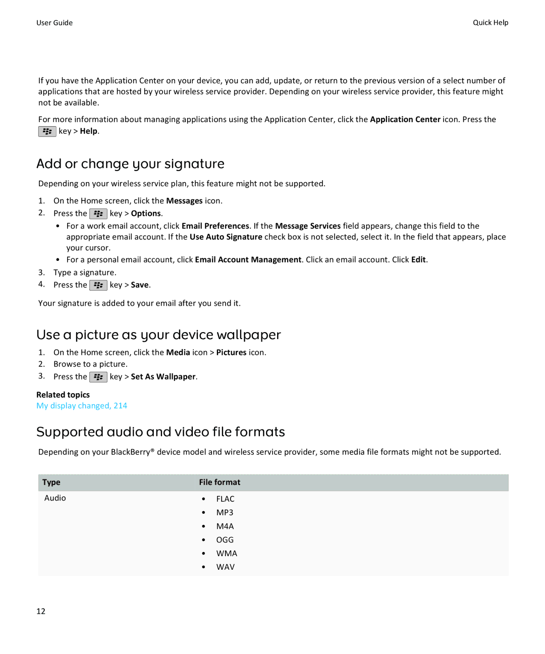 Blackberry 9105, 9100 manual Add or change your signature, Use a picture as your device wallpaper, Type File format, Audio 